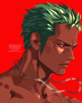 1boy adam&#039;s_apple chain chain_necklace closed_mouth collarbone commentary english_commentary floating_neckwear green_hair highres jewelry lips male_focus necklace nude one_piece portrait prenkuchan profile red_background roronoa_zoro short_hair sideburns simple_background solo watermark