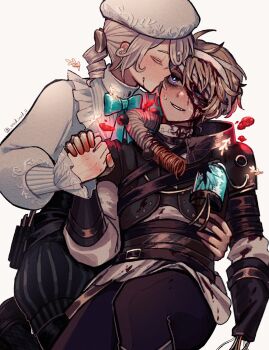 2boys bandaged_head bandaged_neck bandages beret black_pantyhose black_shorts blonde_hair blood blood_from_forehead blood_on_clothes blood_on_face bloody_bandages bloody_tears blue_bow blue_bowtie blue_eyes bow bowtie brown_pants cable closed_eyes colored_eyelashes commentary_request cowboy_shot cyborg drill_hair drill_ponytail edgar_valden edgar_valden_(golden_ratio) fang frilled_shirt_collar frilled_sleeves frills gold_bow hair_bow hat highres holding_hands identity_v injury kiss kissing_cheek lightning_bolt-shaped_pupils looking_at_another luca_balsa luca_balsa_(electrolysis) male_focus multiple_boys official_alternate_costume pants pantyhose puffy_shorts puffy_sleeves shirt shorts sidelocks small_sweatdrop striped_clothes striped_shorts symbol-shaped_pupils tendenbarabara vertical-striped_clothes vertical-striped_shorts white_hat white_shirt yaoi