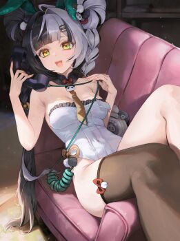1girl :3 absurdres ahoge alternate_costume animal_ears bare_shoulders black_hair black_thighhighs braid braided_twintails breasts cleavage commentary corded_phone couch covered_navel detached_collar dialyn_(zenless_zone_zero) double_bun fake_animal_ears frilled_leotard frills hair_bun hair_ornament highres holding holding_phone leotard long_hair lying malsuk medium_breasts multicolored_hair necktie on_back on_couch open_mouth panda_hair_ornament phone playboy_bunny rabbit_ears single_thighhigh smile solo split-color_hair strapless strapless_leotard thighhighs white_hair white_leotard wire yellow_eyes yellow_necktie zenless_zone_zero