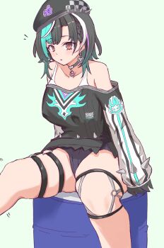 1girl beret black_choker black_dress black_hat choker dress earl_grey_no_chaba hat highres hololive hololive_dev_is looking_at_viewer o-ring o-ring_thigh_strap purple_shorts red_eyes rindo_chihaya rindo_chihaya_(1st_costume) short_hair shorts solo thigh_strap virtual_youtuber white_background