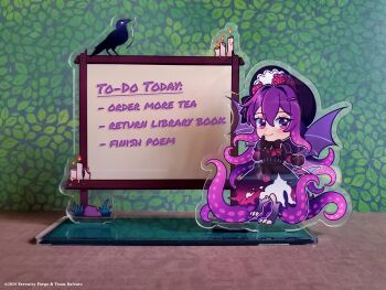 1girl acrylic_stand_(medium) artist_request bad_tag bird bonnet bow candle chibi chibi_only closed_mouth commentary company_name copyright_notice doki_doki_literature_club dress english_commentary english_text eyelashes fire full_body gloves grass hair_between_eyes highres index_finger_raised long_hair merchandise_available official_art photo_(medium) purple_bonnet purple_bow purple_dress purple_eyes purple_gloves purple_hair purple_wings rock second-party_source smile solo tentacle_hair tentacles torn_clothes torn_dress whiteboard wings yuri_(doki_doki_literature_club)