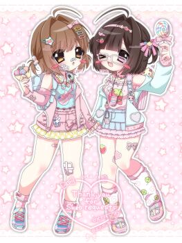 2000s_(style) 2girls :3 :o absurdres ahoge artist_name backpack bag bandaged_leg bandages bandaid bandaid_on_face bandaid_on_nose berrie_(mezzo_piano) blue_shirt blue_shoes blue_skirt blush blush_stickers bow brown_hair candy charm_(object) cinnamoroll clover clover_print commentary_request crepe faux_retro_artstyle food food-themed_hair_ornament food_print four-leaf_clover four-leaf_clover_print frills fruit_print fuwa_fuwa_cinnamoroll glasses guitar_print hair_ornament hairband hairclip heart heart_hair_ornament heisei_retro highres holding holding_candy holding_crepe holding_food holding_lollipop ice_cream korilakkuma lollipop low_twintails mezzo_piano momousa multiple_girls open_mouth original pink_background pink_bag pink_glasses pink_sandals pink_shirt pink_skirt polka_dot polka_dot_background polka_dot_shirt popo_(mezzo_piano) randoseru san-x sandals sanrio selenium shirousa_(sugarbunnies) shirt shoes short_hair short_twintails skirt star_(symbol) star_hair_ornament sticker sticker_on_leg strap strawberry_hair_ornament strawberry_print sugarbunnies tamagotchi thank_you twintails usahana