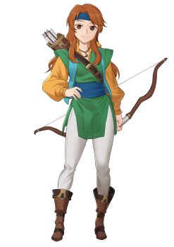 Rule 34 | 1girl, absurdres, blue headband, bow (weapon), brown eyes, brown footwear, brown hair, ebinku, full body, hand on own hip, headband, highres, holding, holding bow (weapon), holding weapon, jewelry, long hair, necklace, pants, quiver, raquel (tear ring saga), simple background, solo, standing, tear ring saga, tear ring saga: yutona eiyuu senki, weapon, white background, white pants