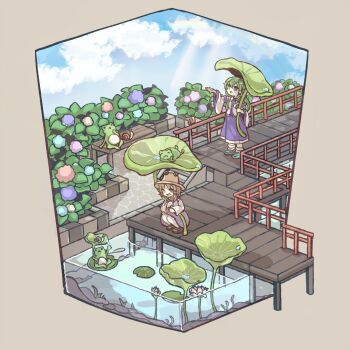 2girls :d bench blonde_hair blue_shoes blue_skirt blue_sky bridge brown_hat brown_shoes chigu cloud commentary_request detached_sleeves faux_figurine flower frog green_hair hat highres holding holding_leaf kochiya_sanae leaf leaf_umbrella lily_pad long_hair long_sleeves lotus moriya_suwako multiple_girls open_mouth shirt shoes skirt sky smile snail socks squatting standing touhou water water_drop white_shirt white_socks wide_shot wide_sleeves