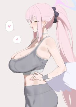 1girl absurdres angel_wings bare_shoulders black_scrunchie blue_archive blush breasts choker collarbone commentary fingernails grey_background grey_choker grey_pants grey_sports_bra hair_ornament hair_scrunchie halo hands_on_own_hips heart high_ponytail highres hip_bones huge_breasts long_hair low_wings mika_(blue_archive) nail_polish navel open_mouth pants pink_hair pink_halo pink_nails ponytail scrunchie simple_background smile solo spoken_heart sports_bra stomach sweat symbol-only_commentary thighs toma_(toma50) white_wings wings yellow_eyes yoga_pants
