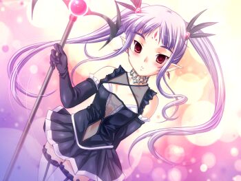 1girl bare_shoulders black_dress blush breasts clothing_cutout dress dungeon_crusaderz dutch_angle earrings game_cg holding holding_staff iris_(dungeon_crusaderz) jewelry long_hair looking_at_viewer m&amp;m_(mickey_and_mackey) navel_cutout purple_hair red_eyes small_breasts solo staff thighhighs twintails white_thighhighs