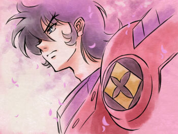 Rule 34 | 1boy, adam's apple, armor, black hair, blue eyes, expressionless, hair between eyes, lips, male focus, medium hair, nekomaru (nekohouse), petals, portrait, purple background, sanada ryou, sidelocks, simple background, solo, yoroiden samurai troopers