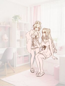 babydoll black_mask breasts cleavage double_strap_slip earrings fluffy_clothes frilled_babydoll frilled_shorts frilled_thighhighs frills fur_jacket green_hair green_highlights hair_bun hashtag-only_commentary highres hololive hololive_english hyurisaki jacket jewelry lace-trimmed_nightgown large_breasts mask mask_on_head messy_hair mori_calliope mori_calliope_(sleepwear) multicolored_hair nightgown official_alternate_costume official_alternate_hairstyle orange_hair purple_eyes see-through_babydoll see-through_clothes shorts skull_choker skull_collar skull_earrings sleep_mask sleepwear smile strap_slip takanashi_kiara takanashi_kiara_(cozy) thighhighs two-tone_hair virtual_youtuber white_babydoll white_thighhighs yuri