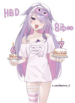 Rule 34 | 1girl, 67 (meme), bestrix, cake, candle, chest jewel, colored inner hair, fang, food, gem, gradient hair, hair over one eye, happy birthday, highres, holding, holding plate, hololive, hololive english, jewel under eye, koseki bijou, koseki bijou (pebble pajamas), looking at viewer, mask, mask on head, meme, multicolored hair, number candle, open mouth, pink hair, plate, purple eyes, purple gem, purple hair, shirt, single thighhigh, sleep mask, solo, striped clothes, striped thighhighs, thighhighs, virtual youtuber, white background, white shirt