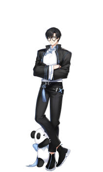 1boy :| absurdres animal belt black-framed_eyewear black_belt black_gloves black_hair black_jacket black_pants black_shoes blue_bow blue_eyes bow bracelet bright_pupils chulsoo_kim_(closers) closed_mouth closers crossed_ankles crossed_arms full_body glasses gloves heel_up highres hugging_another's_leg jacket jewelry looking_down male_focus mandarin_collar official_art open_clothes open_jacket pants round_eyewear shirt shirt_tucked_in shoes short_hair solo standing tachi-e teardrop-framed_glasses white_background white_pupils white_shirt wide_sleeves