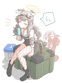 1girl animal_ears arm_support black_boots blue_archive blush boots bottle box closed_eyes collar collarbone dog_ears dog_girl dog_tags dog_tail electric_fan fishnet_pantyhose fishnets food goggles goggles_on_head hair_bobbles hair_ornament halo hariyaa hibiki_(blue_archive) highres holding holding_food holding_popsicle long_hair low_twintails off_shoulder on_box pantyhose popsicle purple_collar sidelocks sitting solo spoken_sweatdrop sweat sweatdrop tail tongue tongue_out twintails white_background yellow_halo