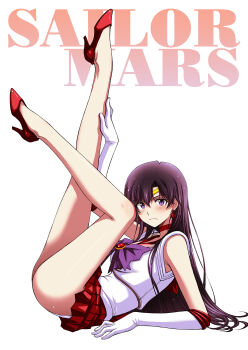 1girl bishoujo_senshi_sailor_moon black_hair bow breasts choker earrings elbow_gloves english_text gloves high_heels highres hino_rei jewelry kitahara_aki knees_up long_hair magical_girl medium_breasts pleated_skirt purple_bow purple_eyes red_choker red_sailor_collar red_skirt sailor_collar sailor_mars sailor_senshi sailor_senshi_uniform skirt smile solo white_gloves