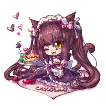 1girl ;3 ;d animal_ears apron artist_name black_dress black_thighhighs blunt_bangs blush_stickers bow bowtie brown_hair cat_ears cat_girl cat_tail character_name chibi chibi_only chocola_(nekopara) commentary commission dress food frilled_dress frills full_body hair_bow hair_ribbon happy heart high_heels holding holding_tray hugo_gallagher knee_up long_hair looking_at_viewer maid maid_apron maid_headdress nekopara omelet omurice one_eye_closed open_mouth paw_pose pink_bow pink_bowtie red_shoes ribbon shoes sidelocks simple_background sitting slit_pupils smile solo tail thighhighs tray twintails very_long_hair watermark white_background white_ribbon yellow_eyes
