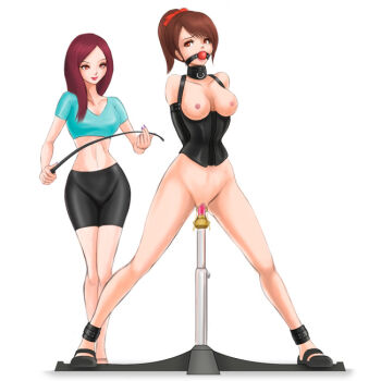 2girls armbinder arms_behind_back ball_gag bdsm bondage bottomless bound breasts brown_eyes brown_hair censored coco_(pixiv_artist_1131293) collar corset cuffs dildo covered_erect_nipples female_focus femdom gag large_breasts long_hair machine midriff multiple_girls nipples object_insertion one-bar_prison ponytail pussy pussy_juice red_hair saliva sex_machine slave smile spread_legs standing sweat tears vaginal whip white_background yuri