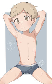 1boy ? arm_behind_head armpits arms_behind_head blonde_hair blue_background blue_boxer_briefs blue_male_underwear blush boxer_briefs brown_eyes bulge character_request copyright_request cowboy_shot dot_nose framed frown highres ijipon looking_at_viewer male_focus male_underwear navel nipples shota signature simple_background sitting solo speech_bubble spoken_question_mark spread_legs sweat topless_male underwear underwear_only
