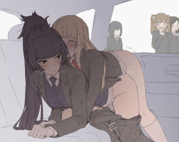 1futa 4girls belt black_hair black_jacket black_pants blazer blonde_hair blue_necktie blue_vest blunt_bangs blush breasts brown_hair butler car car_interior car_seat car_sex chauffeur_(mdf_an) closed_eyes closed_mouth clothed_sex clothes_pull collared_shirt doggystyle dress formal_clothes futa_with_female futanari futanari-sama_(mdf_an) gloves hand_on_own_chest high_ponytail implied_futanari jacket long_hair long_sleeves looking_at_another looking_back mdf_an medium_breasts medium_hair motion_lines motor_vehicle multiple_girls necktie open_mouth original pants pants_pull ponytail public_indecency purple_eyes red_necktie school_uniform sex sex_from_behind shirt sidelocks socks sweat sweatdrop twintails vest white_gloves white_shirt white_socks yuri