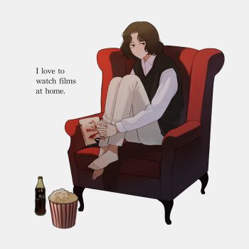 Rule 34 | 1boy, absurdres, barefoot, black sweater vest, bottle, brown eyes, brown hair, chair, commentary, commentary request, dvd case, english text, food, full body, highres, hugging own legs, male focus, nakano kaworu, original, popcorn, shirt, sitting, soda bottle, solo, sweater vest, untranslatable commentary, white shirt