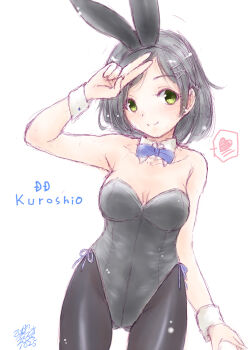 1girl animal_ear_hairband animal_ears ass black_leotard black_pantyhose bow bowtie breasts character_name covered_navel cowboy_shot detached_collar fake_animal_ears hairband kantai_collection koshigaya_tatsumi kuroshio_(kancolle) leotard medium_breasts one-hour_drawing_challenge pantyhose playboy_bunny rabbit_ear_hairband rabbit_ears rabbit_tail solo strapless strapless_leotard tail wrist_cuffs