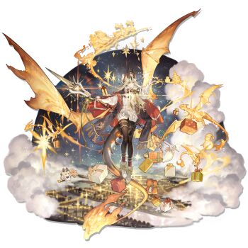 1girl absurdres argyle_clothes argyle_scarf arknights bell black_horns blonde_hair blue_scarf bow brown_pantyhose cape cardigan character_doll christmas christmas_present city city_lights cloud doll dragon dragon_girl dragon_horns dragon_tail dragon_wings fiery_tail fire flying footwear_bow full_body fur-trimmed_shoes fur_scarf gift gingerbread_man green_eyes green_ribbon hair_ornament hair_ribbon hat highres holding holding_staff holster horns knife_sheath large_tail long_sidelocks long_tail looking_at_viewer neck_ribbon official_alternate_costume official_art outdoors pantyhose pom_pom_(clothes) pom_pom_hair_ornament red_bow red_cape red_hat red_ribbon red_socks reed_the_flame_shadow_(glowing_flame_in_the_night)_(arknights) reindeer ribbed_socks ribbon river santa_claus scarf sheath sheathed shoes sidelocks sky sleigh smile snowman socks solo staff star_(sky) starry_sky starshadowmagician tail thigh_holster thigh_strap third-party_source transparent_background two-tone_hat two-tone_ribbon white_cardigan white_hat white_scarf white_shoes wings