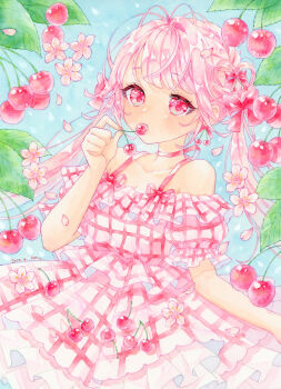 Rule 34 | 1girl, absurdres, amu (m aa), antenna hair, artist name, bare shoulders, blue background, cherry, collarbone, cowboy shot, dated, dress, flower, food, food in mouth, fruit, highres, leaf, long hair, looking at viewer, neck ribbon, original, painting (medium), petals, pink flower, pink hair, pink petals, plaid clothes, plaid dress, puffy short sleeves, puffy sleeves, red eyes, red ribbon, ribbon, short sleeves, sidelocks, signature, simple background, solo, traditional media, twintails, watercolor (medium)
