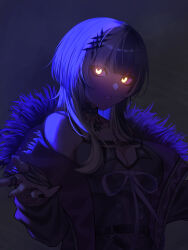 Rule 34 | absurdres, bare shoulders, black coat, black dress, black hair, blunt bangs, coat, dark, dress, duckntea, expressionless, fur-trimmed coat, fur trim, glowing, glowing eyes, hair ornament, highres, hololive, hololive english, long hair, looking at viewer, multicolored hair, open mouth, shaded face, shadow, shiori novella, shiori novella (1st costume), sleeveless, sleeveless dress, split-color hair, two-tone hair, virtual youtuber, white hair