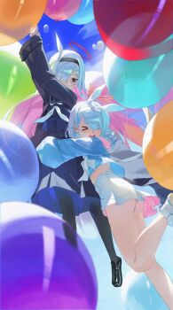 &gt;_&lt; absurdres arona_(blue_archive) balloon black_choker black_coat black_eyes black_hairband black_sailor_collar black_shoes blue_archive blue_eyes blue_hair blue_shirt blush braid choker coat colored_inner_hair hair_over_one_eye hairband halo highres li-mi long_hair long_sleeves multicolored_hair neckerchief open_mouth pantyhose pink_hair plana_(blue_archive) red_halo red_pupils ribbon sailor_collar school_uniform shirt shoes short_hair skirt sky thighs too_many_balloons very_long_hair white_choker white_hair white_hairband white_neckerchief white_ribbon white_shoes white_skirt