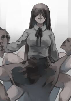 Rule 34 | 1girl, absurdres, black hair, black ribbon, breasts, chainsaw man, collared shirt, covered eyes, dress, extra legs, hair over eyes, highres, holding detached head, long hair, medium breasts, nakano (2 mannaka), princi (chainsaw man), ribbon, severed head, shirt, simple background, solo, white background, white shirt