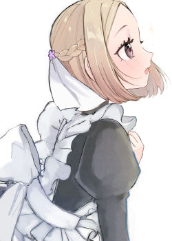 1girl absurdres blonde_hair blush braid brown_eyes commentary frills from_side half_up_braid highres juliet_sleeves kimi_no_koto_ga_dai_dai_dai_dai_daisuki_na_100-nin_no_kanojo long_sleeves maid meido_mai open_mouth oyomidtarumi parted_bangs profile puffy_sleeves short_hair simple_background solo upper_body veil white_background