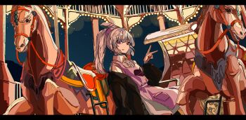 1girl absurdres apron black_coat carousel center_frills coat collared_dress commentary_request cowboy_shot dress expressionless frills grey_hair hand_up highres ligne_claire long_bangs long_hair looking_at_viewer natori_sana night night_sky off_shoulder open_clothes open_coat outdoors parted_lips pink_apron pink_eyes ponytail sana_channel sidelocks sitting sky solo tattsun_(ta_tsuki) v virtual_youtuber white_dress wing_collar