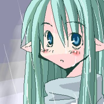 1girl archived_source asami_natsuhito blush green_eyes green_hair grey_background hair_between_eyes jaggy_lines long_bangs long_hair lowres no_sclera open_mouth original pointy_ears rain solo straight_hair turtleneck upper_body upturned_eyes wet