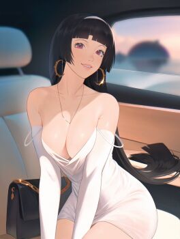 Rule 34 | 1girl, astra yao, bare shoulders, black hair, blurry, blurry background, breasts, car interior, cleavage, cowboy shot, dress, earrings, highres, jewelry, large breasts, off shoulder, purple eyes, sitting, solo, white dress, yynahh02, zenless zone zero