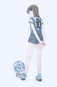 1girl 2022_fifa_world_cup al_rihla argentina argentinian_flag arms_behind_back ball blue_socks brown_hair from_behind highres kokudou_juunigou lionel_messi long_hair original overalls shirt simple_background soccer soccer_ball soccer_uniform socks solo sportswear standing white_background world_cup