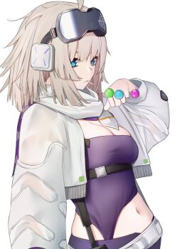 1girl aa-12_(girls&#039;_frontline) absurdres blue_eyes breasts bright_pupils brown_hair candy cleavage commentary_request cropped_jacket food girls&#039;_frontline girls&#039;_frontline_2:_exilium head-mounted_display highres holding holding_candy holding_food holding_lollipop jacket kotoha_(kotoha65) lind_(girls&#039;_frontline_2) lollipop looking_at_viewer medium_hair navel scarf simple_background solo white_background white_jacket white_pupils white_scarf