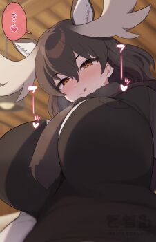 ... animal_ears antlers blonde_hair blush breasts brown_eyes brown_fur brown_necktie brown_sweater commentary_request hair_between_eyes heart highres horns huge_breasts indoors kemono_friends kinakosuki long_hair looking_back moose_(kemono_friends) moose_ears necktie short_hair spoken_ellipsis sweater tongue tongue_out