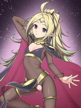 1girl ahoge alternate_costume arm_behind_head blonde_hair bodystocking cape circlet cleft_of_venus cosplay covered_navel empty_eyes fire_emblem fire_emblem_awakening flat_chest gold_trim gradient_background green_eyes highres long_hair looking_at_viewer multicolored_hair nintendo nowi_(fire_emblem) pelvic_curtain pointy_ears ponytail purple_eyes pussy pussy_cutout pussy_juice sidelocks solo star_(sky) starry_sky_background tharja_(fire_emblem) tharja_(fire_emblem)_(cosplay) two-tone_hair yotubeya