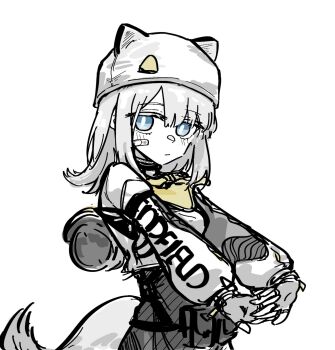 1girl animal_ears animal_hat arknights arknights:_endfield bandaid bandaid_on_cheek bandaid_on_face beanie blue_eyes blush bodysuit closed_mouth estella_(arknights) fake_animal_ears fingerless_gloves gloves grape_(grayp) grey_bodysuit grey_gloves grey_hair hair_between_eyes hat highres interlocked_fingers looking_at_viewer pale_skin shirt simple_background sketch solo stretching white_background white_hat white_shirt