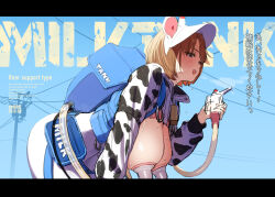 Rule 34 | 1girl, :d, absurdres, animal ears, animal print, backpack, bag, blue archive, blue sky, bob cut, breast pump, breasts, brown hair, cloud, cloudy sky, commentary request, cow ears, cow print, day, ear tag, fake animal ears, feet out of frame, from side, highres, large breasts, leaning forward, lips, milking machine, ogre (illustogre), open mouth, original, outdoors, pantyhose, purple eyes, short hair, shrug (clothing), sketch, sky, smile, solo, teeth, translation request, upper teeth only, white pantyhose