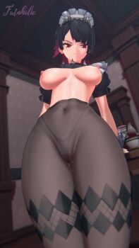 1girl animated artist_name audible_speech black_hair black_panties black_pantyhose breasts breasts_apart cameltoe covered_navel earrings ellen_joe from_below futaholic gluteal_fold high-waist_pantyhose highleg highres indoors jewelry large_breasts looking_at_viewer looking_down maid maid_headdress mole mole_under_eye multicolored_hair navel nipples panties pantyhose parted_lips pussy_juice red_eyes red_hair sharp_teeth short_hair short_sleeves solo sound standing tagme teeth topless two-tone_hair underwear video zenless_zone_zero