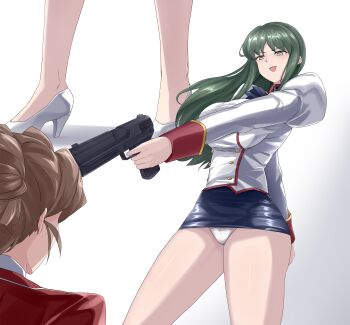 Rule 34 | 2girls, absurdres, agent aika, aika (series), aiming, black neckerchief, breasts, brown hair, commentary request, commission, crotch, crotch seam, defeat, delmo commander, delmogeny uniform, folded ponytail, green eyes, green hair, gun, handgun, highres, jacket, large breasts, long hair, military uniform, multiple girls, neckerchief, open mouth, panties, pixiv commission, red jacket, sin (pixiv17875500), skirt, solo, sumeragi aika, underwear, weapon, white background, white delmo, white jacket, white panties