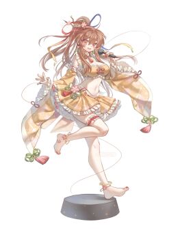 Rule 34 | 1girl, 80isiiii, :d, barefoot, blue ribbon, breasts, brown eyes, brown hair, cleavage, cleavage cutout, clothing cutout, commentary, commission, crop top, detached sleeves, flower, frilled skirt, frilled thigh strap, frills, full body, hair between eyes, hair flower, hair ornament, hair ribbon, highres, holding, holding microphone, long hair, long sleeves, looking at viewer, medium breasts, microphone, nail polish, navel, open mouth, pink flower, ponytail, red ribbon, ribbon, satsuki rin, shirt, simple background, skirt, sleeveless, sleeveless shirt, smile, solo, standing, standing on one leg, stomach, thigh strap, toenail polish, toenails, touhou, watermark, white background, wide sleeves, yellow skirt, yellow sleeves