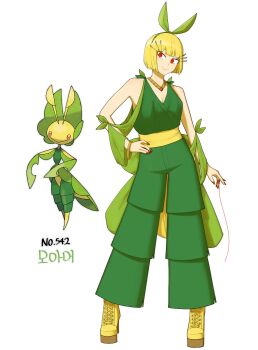 1girl blonde_hair blunt_bangs boots bow bracelet breasts cleavage eyelashes full_body gen_5_pokemon green_bow green_pants hair_bow hand_on_own_hip highres jewelry lace-up_boots leavanny necklace nintendo pants personification pokedex_number pokemon pokemon_(creature) qumyak red_eyes red_nails ring short_hair small_breasts solo standing string white_background yellow_boots