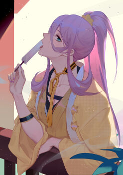 1boy against_railing blue_eyes collarbone food hachisuka_kotetsu holding holding_food holding_popsicle japanese_clothes kimono long_hair looking_at_viewer male_focus ncww_rinichi ponytail popsicle purple_hair railing sexually_suggestive solo touken_ranbu upper_body yellow_kimono