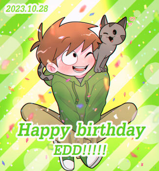 Rule 34 | 1boy, animal, animal on shoulder, antenna hair, birthday, black eyes, blurry, blush, bokeh, brown hair, brown pants, cat, cat on shoulder, commentary request, confetti, dated, depth of field, drawstring, edd (eddsworld), eddsworld, english text, green hoodie, green shoes, grey cat, hair behind ear, happy birthday, heart, highres, hood, hood down, hoodie, indian style, long sleeves, looking at animal, male focus, mau (edd tom), one eye closed, open mouth, pants, ringo (eddsworld), shoes, short hair, simple background, sitting, smile, sneakers, solo focus, striped background, swept bangs, tabby cat