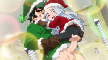 1boy 1girl age_difference alternate_costume black_pantyhose boku_no_hero_academia bottomless brown_gloves censored column erection eri_(boku_no_hero_academia) gloves green_hair green_hat green_jacket hat hetero highres horns indoors jacket jcm2 loli long_hair long_sleeves midoriya_izuku mosaic_censoring pantyhose penis pillar red_eyes red_hat red_jacket saliva saliva_trail santa_costume santa_hat sex short_hair single_horn smile standing standing_sex teeth testicles tongue torn_clothes torn_pantyhose upper_teeth_only white_hair