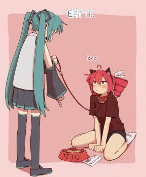 2girls absurdres alternate_costume animal_ear_hairband animal_ears ankle_socks aqua_hair arm_warmers black_arm_warmers black_shoes black_shorts black_skirt black_thighhighs blush border bow bowl cat_ear_hairband cat_ears character_name collar collared_shirt commentary_request double-parted_bangs drill_hair english_text fake_animal_ears food fork full_body hair_between_eyes hair_bow hairband hatsune_miku highres holding holding_leash kasane_teto knife leash long_hair looking_at_another machuuu68 multiple_girls open_mouth outside_border pasta pet_bowl pleated_skirt red_background red_border red_collar red_eyes red_hair red_shirt shirt shoes short_shorts shorts sidelocks simple_background sitting skirt sleeveless sleeveless_shirt socks spaghetti standing sweat t-shirt thighhighs twin_drills twintails utau very_long_hair vocaloid white_bow white_shirt white_socks yuri