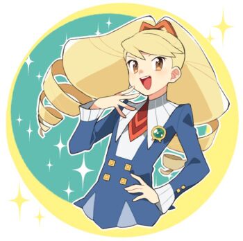 1girl bad_id bad_twitter_id blonde_hair blue_dress bow dress drill_hair hair_bow hand_on_own_hip long_hair looking_at_viewer luna_platz_(mega_man) mega_man_(series) mega_man_star_force_(series) open_mouth pekaso1118n smile sparkle twin_drills very_long_hair