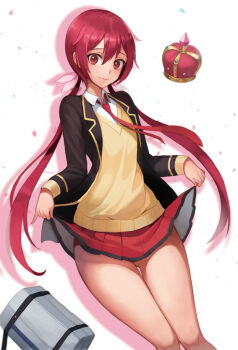1girl bad_id bad_pixiv_id bag black_jacket blush clothes_lift commentary_request crown female_focus hair_between_eyes hair_ornament jacket joukamachi_no_dandelion lifting_own_clothes long_hair looking_at_viewer low_twintails necktie red_eyes red_hair red_necktie red_skirt sakurada_akane simple_background skirt skirt_lift sl86 solo sweater_vest twintails white_background