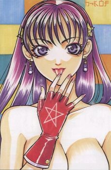 1girl 3d_heaven asamiya_athena breasts earrings female_focus finger gloves hairband hand_up jewelry large_breasts licking licking_finger looking_at_viewer nakai_rokudan pale_skin purple_eyes purple_hair rokudan seductive_smile smile star_(symbol) the_king_of_fighters tongue tongue_out wet