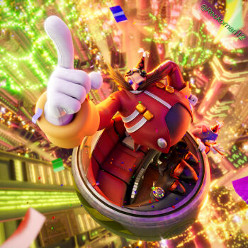 2boys 3d bald confetti dr._eggman facial_hair from_above furry furry_male gloves goggles goggles_on_head green_eyes half-closed_eyes hat highres hover_vehicle jacket looking_up male_focus multiple_boys mustache party_hat pointing pointing_up reckoman red_jacket solo_focus sonic_(series) sonic_the_hedgehog twitter_username white_background white_gloves