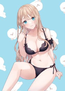 1girl black_bra black_panties blonde_hair blue_eyes blush bra breasts closed_mouth commentary_request hair_between_eyes highres indie_virtual_youtuber jewelry long_hair masami_(souzou_jinsei_sanka) medium_breasts navel panties seyana_seya solo stomach underwear underwear_only virtual_youtuber